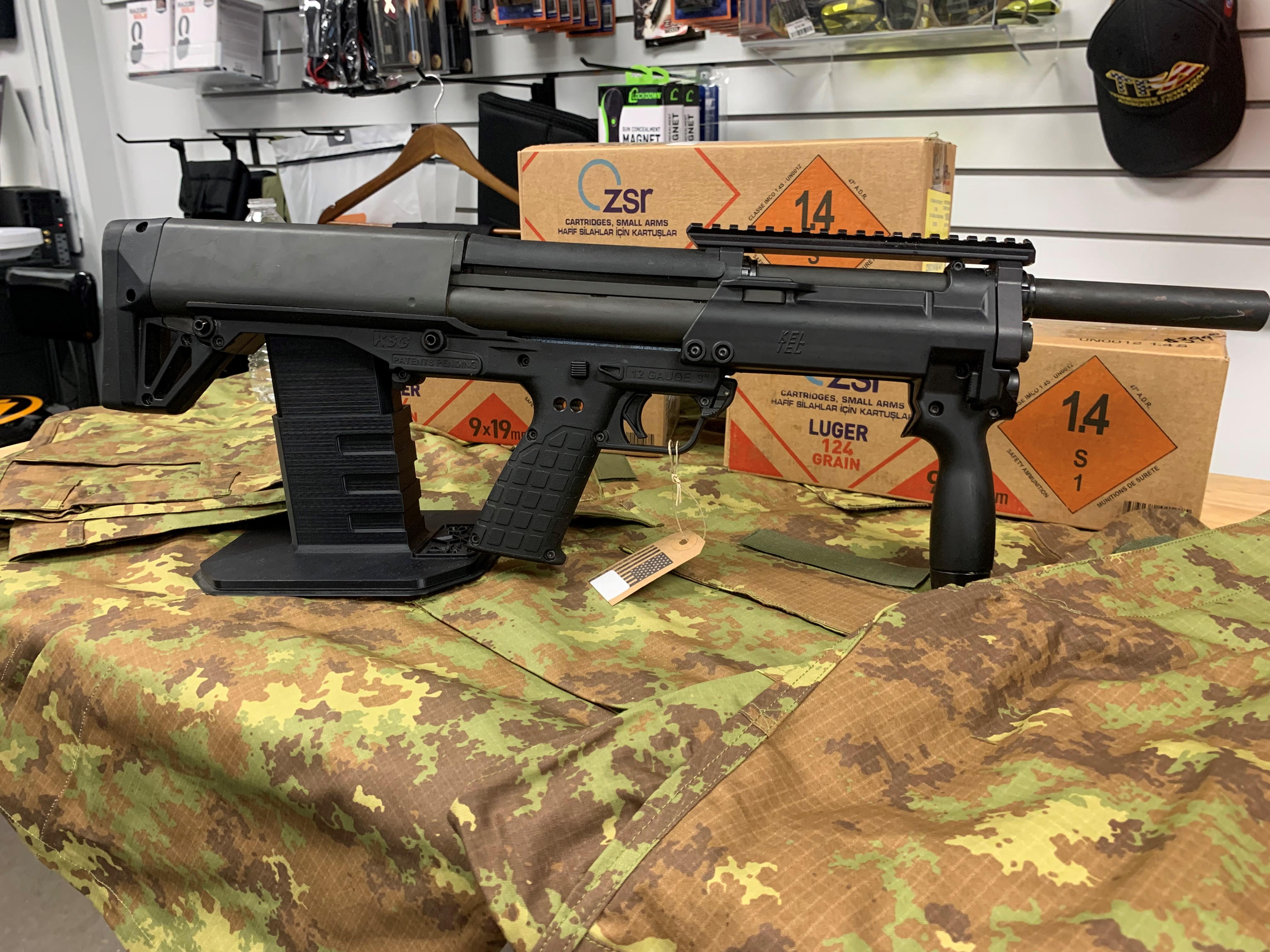 Kel-Tec, KSG, Pump Action Shotgun, 12 Gauge, 3" Chamber, 18.5" Barrel, Black Finish, Synthetic Stock, Tactical Handguard with Rails, 7+7 Rounds