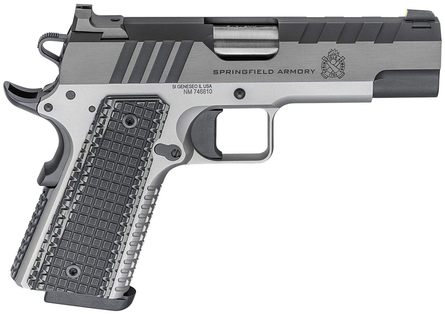 Springfield Armory PX9217L 1911 Emissary 9mm Luger 9+1 4.25" Stainless Match Grade Bull Steel Barrel, Blued/Stainless Serrated/Tri-Top Cut Steel Slide, Stainless Steel Frame w/Beavertail, Black VZ Thin-Line G10 Grip